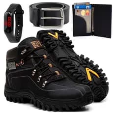 Kit Bota Masculina Adventure de Trilha Impermeavel De Couro Leve + Cinto Carteira e Relogio