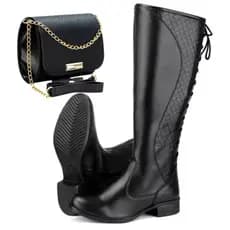 Bota Montaria Feminina Casual Moderna de Couro Confort Com Ajuste de Amarrar Outono Inverno + Bolsa Transversal