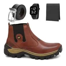 Bota Botina Masculina Adventure Trilha De Couro Reforcada Com Solado Impermeável Leve e Macio + Relogio Cinto e Carteira