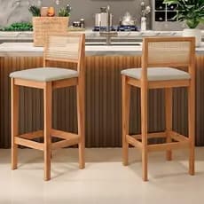 Kit 02 Banquetas Altas Bancada Gourmet Brunella 99cm com Encosto Telinha Estilo Palha Linho