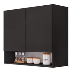Armário Aéreo Multiuso Meg 80cm 100%MDF 02 Portas com Nicho Integrado Preto - Desk Design