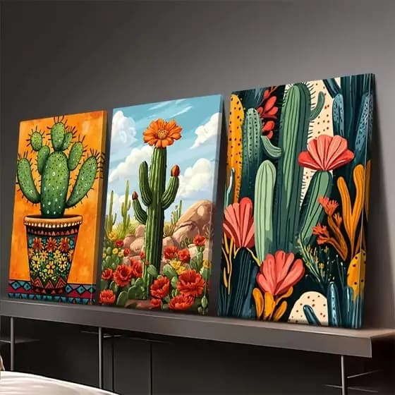 Kit 3 Quadros Cactos Flores Deserto Boho Vibrante Moderno Decorativo Sala Quarto 🌵🎨