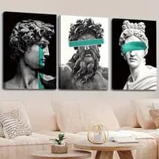 Kit 3 Quadros Estátua Clássica Pop Art Moderno Preto e Branco Turquesa Decorativo Sala 🏛️🎨