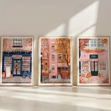 KIT 3 Quadros Cafeteria Livraria Outono | Decoração Quarto Sala Ilustração Fofo Lojas