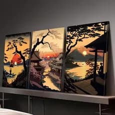 Kit 3 Peças Quadro Decorativo Paisagem Japonesa Pôr do Sol Estilo Ukiyo Oriental Zen Decoração Sala
