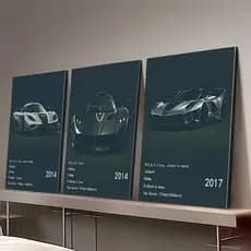 Kit 3 Quadros Supercarros Ficha Técnica Koenigsegg Pagani Ferrari Para Sala Decoração