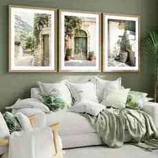 Kit 3 Quadros Paisagem Portas Verdes Rústicas Vilarejo Europeu Para Sala Quarto Decoração