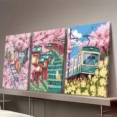 Kit 3 Quadros Japão Paisagem Anime Cerejeira Sakura Para Sala Quarto Viagem Decoração