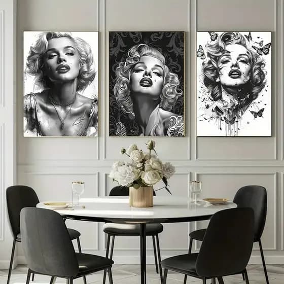 Kit 3 Quadros Marilyn Monroe Pop Art P&B Cinema Vintage Para Sala Quarto Decoração Salão