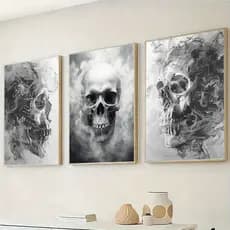 Kit 3 Quadros Decorativos Caveira Fumaça Crânio Preto e Branco Estilo Gótico 💀💨