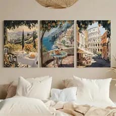 Kit 3 Peças Quadro Decorativo Viagem à Itália Paisagem Toscana Roma Coliseu Decoração Sala de Jantar