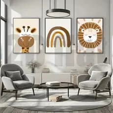 KIT 3 Quadros Animais Safari Girafa Leão | Decoração Quarto Bebê Infantil Minimalista