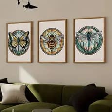 KIT 3 Quadros Insetos Vitral Abelha Libélula | Decoração Sala Quarto Art Nouveau