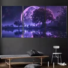 Kit 3 Peças Quadro Decorativo Paisagem Mística Noturna Lua Roxa Fantasia Árvore da Vida Decoração