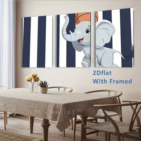 KIT 3 Quadros Elefante Jogando Basquete Baby | Decoração Quarto Infantil Menino