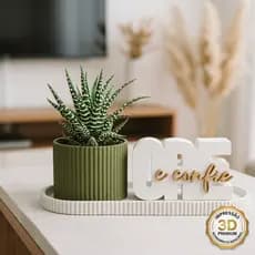 Kit Decoração Centro De Mesa Sala Quarto Palavra Ore E Confie Com Vaso Canelado E Bandeja Enfeite Escritório