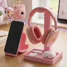 Organizador de Mesa Aesthetic Kit Suporte Headset com Bandeja + Porta Celular Coração Ondulado Cute Desk Setup Gamer Gir