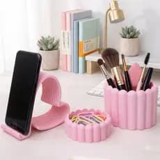 Organizador de Mesa Kit 3 Peças Porta Celular Coração Porta Pincel Maquiagem Lápis Clipes Setup Cute Escritório
