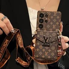 Marca De Moda Metal Etiqueta Caixa Cartão Cordão Capa Couro Luxo Para Samsung Galaxy S22 S23 S24 S25 Ultra Plus