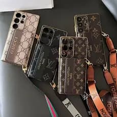 Marca De Moda Metal Etiqueta Caixa Cartão Cordão Capa Couro Luxo Para Samsung Galaxy S22 S23 S24 S25 Ultra Plus