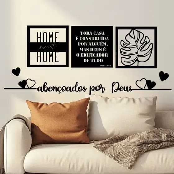 Kit 3 quadro decorativo para sala cabeceira Home sweet Home + Frase abençoados por Deus religiosa