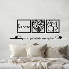 Quadros Decorativos Quarto Love Coração Amor  + Frase Que A Felicidade Vire Rotina + Mini 2 Corações