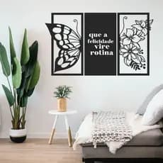 Painel 3 Quadros Borboleta Frase Que a felicidade vire rotina Decorativo