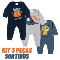 Kit 3 Macacão Longo Bebê Algodão com Botões Menina Menino Enxoval Maternidade Roupa de Bebê