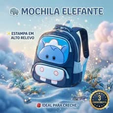 Mochila Infantil Elefante Azul 3D Escolar Creche Menino Menina 33cm