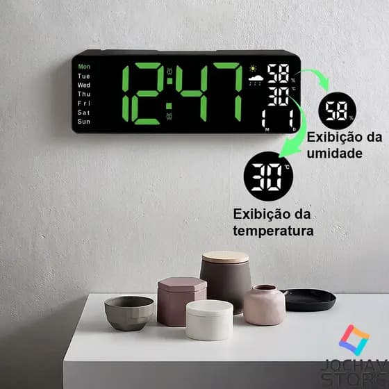 Relógio de Parede Digital LED Grande com Alarme, Exibição de Temperatura e Umidade, Relógio Inteligente para Casa