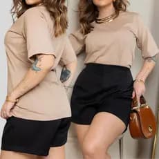 BLUSA GOLA ALTA DE RIBANA FEMININA 100% ALGODÃO MANGA CURTA