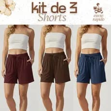Kit 3 Short Feminino de Verão Viscolycra Leve, Elástico e Bolso Lateral