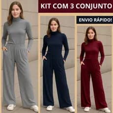 Kit com 3 Conjunto Viscolycra com Calça Pantalona e Blusa Feminina Estilosa Gola Alta Manga Longa Básica