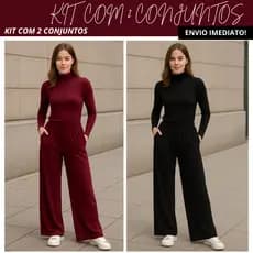 Kit com 2 Conjunto Alfaiataria Estilo Social Feminino Tecido em Viscose Calça e Blusa Gola Alta Manga Longa Viscolycra