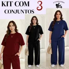 Kit com 3 Conjuntos Blusa feminina Over e Calça Pantalona