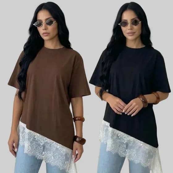Kit com 2 Blusas Feminina T-shirt Assimétrica com Renda na Barra Estilosa