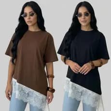 Kit com 2 Blusas Feminina T-shirt Assimétrica com Renda na Barra Estilosa