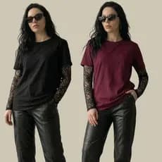 Kit com 2 Blusas Modelo Oversized Manga Longa Com Detalhe de Renda Estilosa