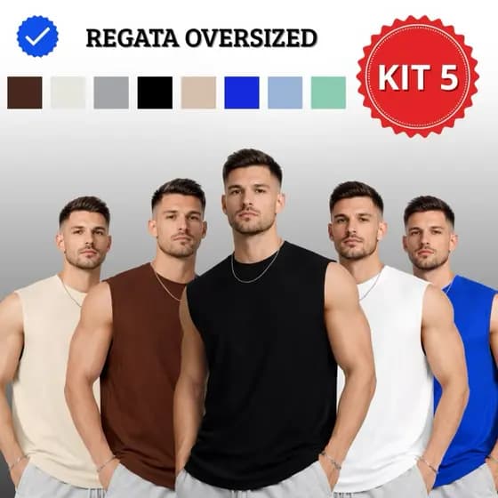 5 Regata Machão Oversized Masculina Casual Canelada Lisa