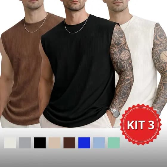Kit 3 Regata Machão Oversized Masculina Casual Canelada Lisa