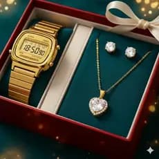 Kit Feminino Luxo Relógio Dourado Vintage + Colar Coração + Brinco Flor Zircônia | Presente Elegante com Envio Rápido