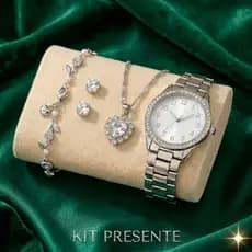 Relógio Feminino Aço + Brinco + Pulseira + Colar Kit Presente Luxo