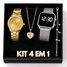 Conjunto Feminino 4 Peças Relógio Aço + Colar Coração Dourado + Relogio Led + Pulseira Prata