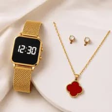 Kit Relógio Feminino LED Digital Dourado + Colar Trevo Luxo + Brincos 4 Peças