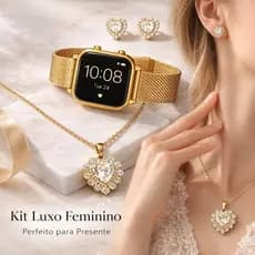 Conjunto Feminino Relógio Feminino Kit Acessórios - Led Dourado + Colar e Brincos Coração