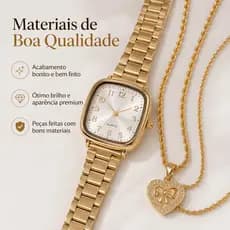 Kit Relógio Feminino Dourado Analógico + Colar Duplo Coração Laço Luxo Presente