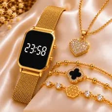 Kit Relógio LED Feminino + 3 Pulseiras + Colar Coração Luxo