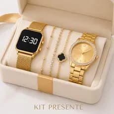Kit Relógio Feminino Dourado 5 em 1 LED Digital + Colar Coração Luxo Presente
