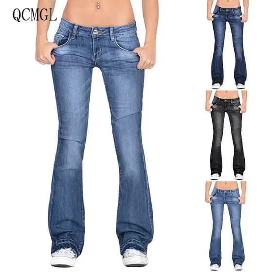 Botão Feminino Cintura Baixa Skinny Jeans Casual/Slim Fit/Bolsos/Calças De Pernas Largas 12322