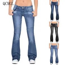 Botão Feminino Cintura Baixa Skinny Jeans Casual/Slim Fit/Bolsos/Calças De Pernas Largas 12322